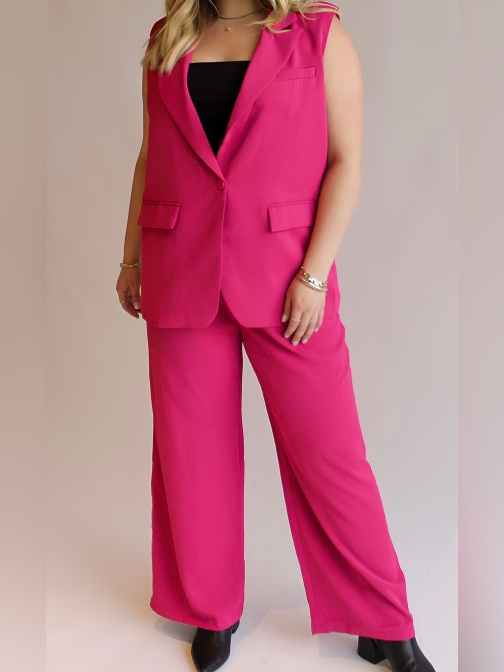 Sleeveless Hot Pink Fuchsia Wide-Leg Pantsuit Set
